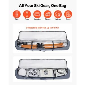 snowboard bag, up to 65 in/165 cm, padded skis & snowboards bag for air travel, 600d waterproof oxford fabric, with adjustable inner straps, for skis poles goggles gloves helmet boots (gray)