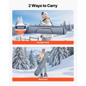 snowboard bag, up to 65 in/165 cm, padded skis & snowboards bag for air travel, 600d waterproof oxford fabric, with adjustable inner straps, for skis poles goggles gloves helmet boots (gray)