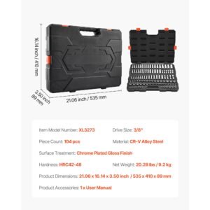 socket set, 104 pieces, 3/8 inch drive socket tool set, metric size from 6 to 24 mm, deep and standard, mechanic tool kit with storage case, chrome plated cr v alloy steel, for automotive repair