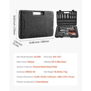socket set, 108 pieces, 1/4 & 1/2 inch drive socket and ratchet set, metric size from 4 to 32 mm, mechanic tool kit with bits, accessories, storage case, cr v alloy steel, for automotive repair