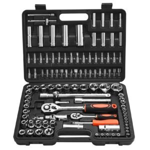 socket set, 108 pieces, 1/4 & 1/2 inch drive socket and ratchet set, metric size from 4 to 32 mm, mechanic tool kit with bits, accessories, storage case, cr v alloy steel, for automotive repair
