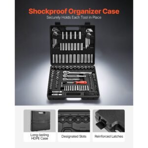 socket set, 149 pieces, 3/8 & 1/4 & 1/2 inch drive socket and ratchet set, sae and metric, deep and shallow, mechanic tool kit with bits, accessories, storage case, cr v alloy steel, for repair