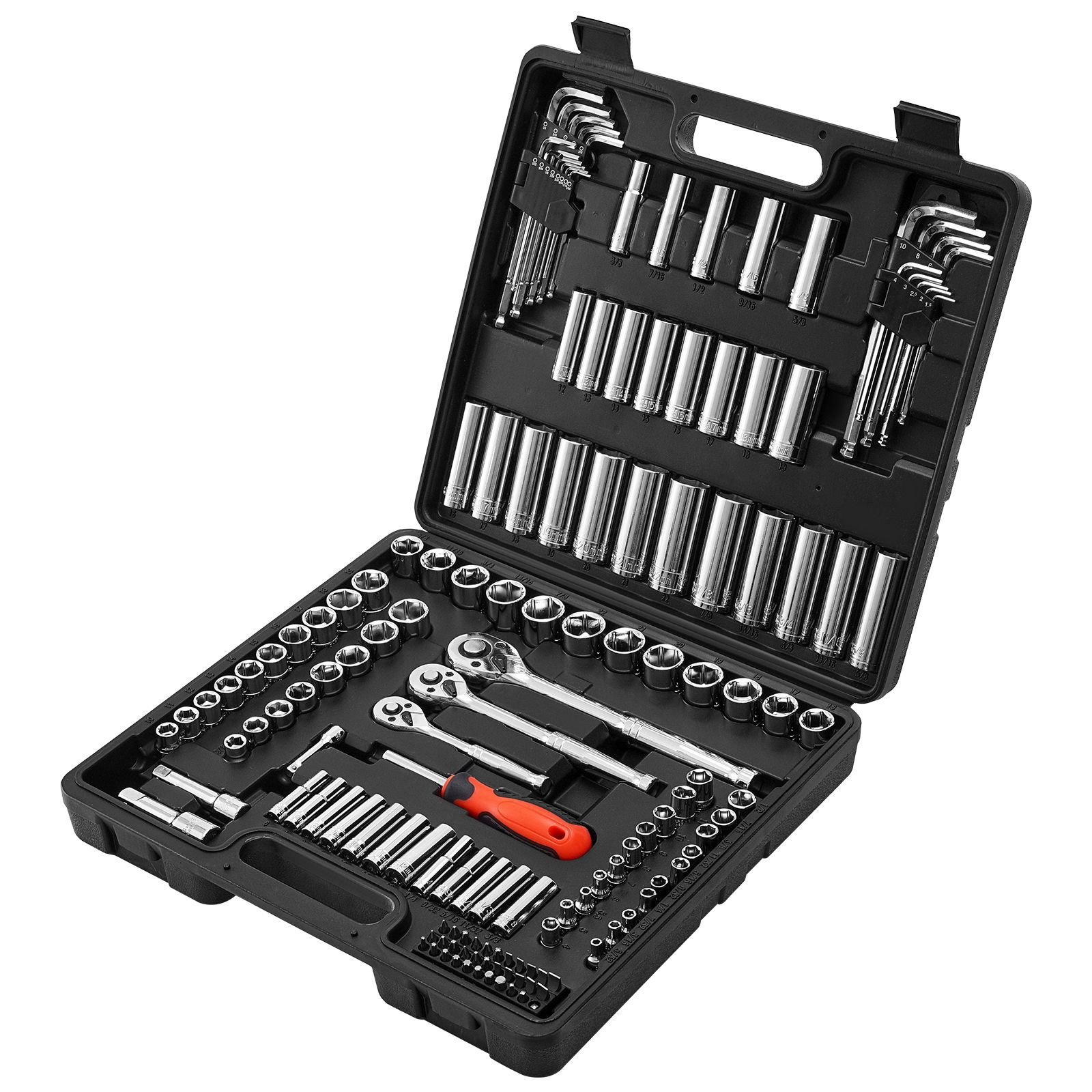 socket set, 149 pieces, 3/8 & 1/4 & 1/2 inch drive socket and ratchet set, sae and metric, deep and shallow, mechanic tool kit with bits, accessories, storage case, cr v alloy steel, for repair