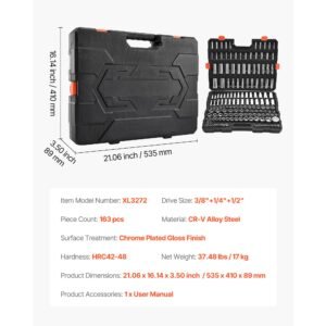 socket set, 163 pieces, 3/8 & 1/4 & 1/2 inch drive socket tool set, sae and metric, deep and standard, mechanic tool kit with storage case, chrome plated cr v alloy steel, for automotive repair