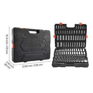 socket set, 163 pieces, 3/8 & 1/4 & 1/2 inch drive socket tool set, sae and metric, deep and standard, mechanic tool kit with storage case, chrome plated cr v alloy steel, for automotive repair