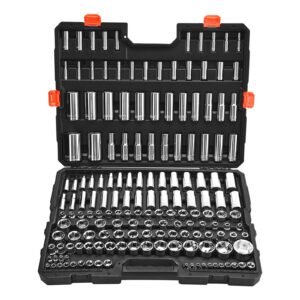socket set, 163 pieces, 3/8 & 1/4 & 1/2 inch drive socket tool set, sae and metric, deep and standard, mechanic tool kit with storage case, chrome plated cr v alloy steel, for automotive repair