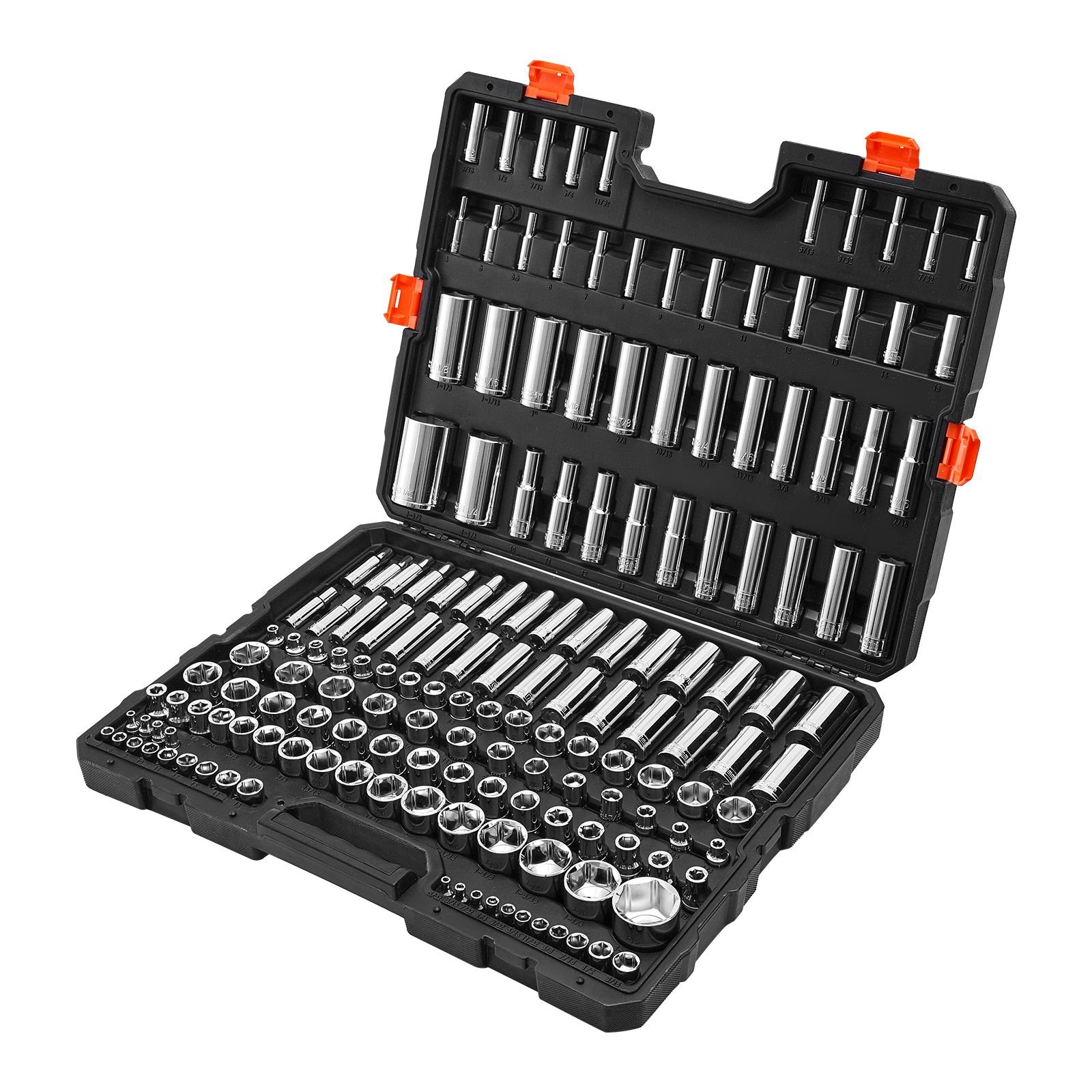 socket set, 163 pieces, 3/8 & 1/4 & 1/2 inch drive socket tool set, sae and metric, deep and standard, mechanic tool kit with storage case, chrome plated cr v alloy steel, for automotive repair