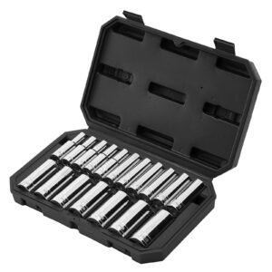 socket set, 18 pieces, 1/2 inch drive socket tool set, metric size from 10 to 27 mm, mechanic tool kit with storage case, clear markings, chrome plated cr v alloy steel, for automotive repair