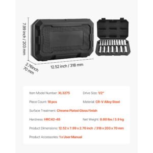 socket set, 18 pieces, 1/2 inch drive socket tool set, metric size from 10 to 27 mm, mechanic tool kit with storage case, clear markings, chrome plated cr v alloy steel, for automotive repair