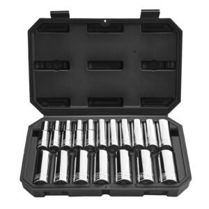 socket set, 18 pieces, 1/2 inch drive socket tool set, metric size from 10 to 27 mm, mechanic tool kit with storage case, clear markings, chrome plated cr v alloy steel, for automotive repair