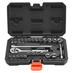 socket set, 27 pieces, 1/4 inch drive socket and ratchet set, sae and metric, mechanic tool kit with ratchet wrench, extension bar and storage case, cr v alloy steel, for automotive repair