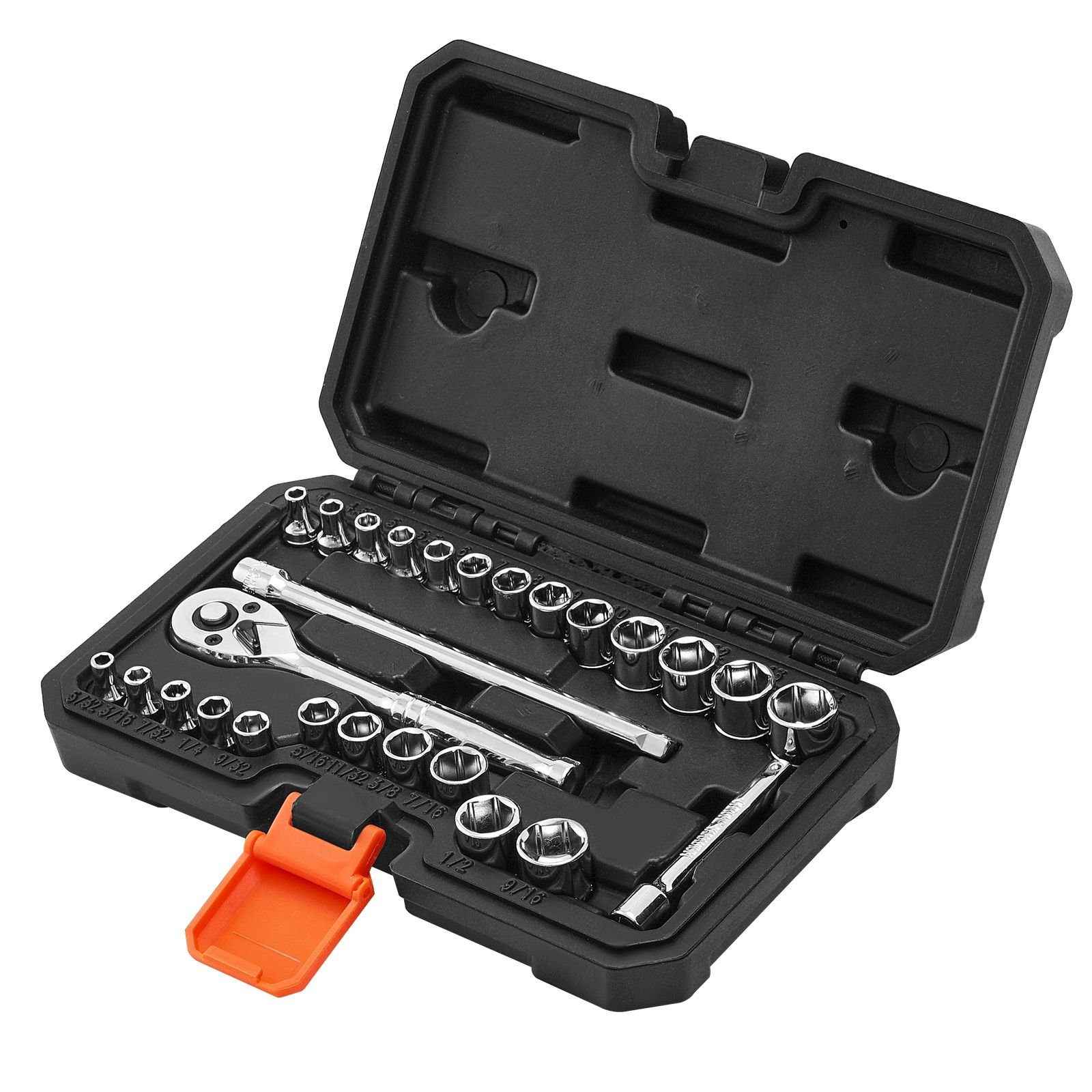 socket set, 27 pieces, 1/4 inch drive socket and ratchet set, sae and metric, mechanic tool kit with ratchet wrench, extension bar and storage case, cr v alloy steel, for automotive repair