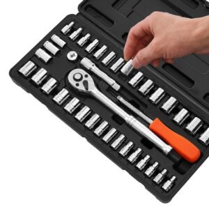 socket set, 39 pieces, 3/8 & 1/4 inch drive socket and ratchet set, sae and metric size, mechanic tool kit with ratchet wrench, accessories, storage case, cr v alloy steel, for automotive repair