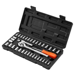 socket set, 39 pieces, 3/8 & 1/4 inch drive socket and ratchet set, sae and metric size, mechanic tool kit with ratchet wrench, accessories, storage case, cr v alloy steel, for automotive repair