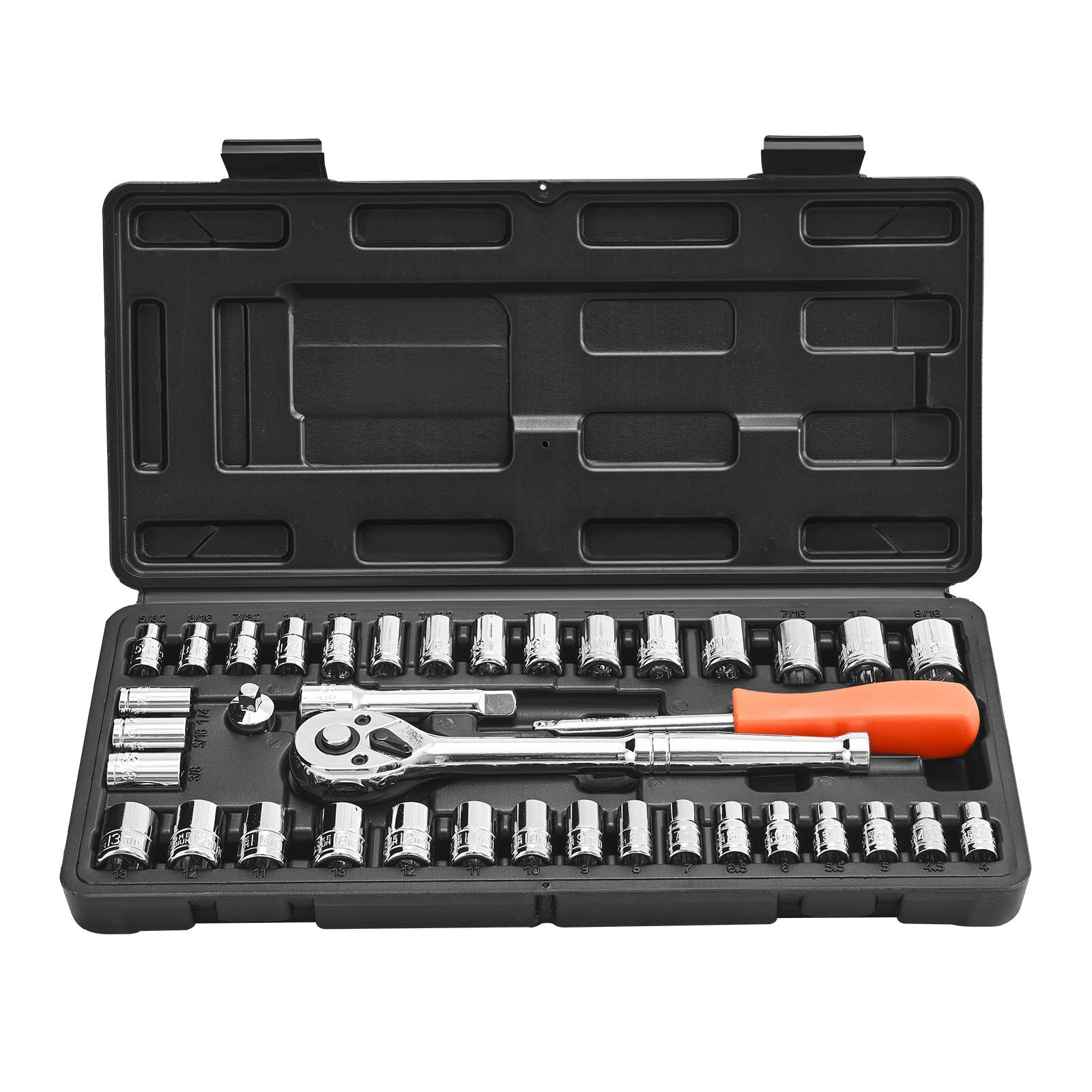 socket set, 39 pieces, 3/8 & 1/4 inch drive socket and ratchet set, sae and metric size, mechanic tool kit with ratchet wrench, accessories, storage case, cr v alloy steel, for automotive repair