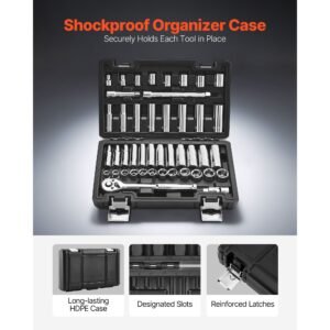 socket set, 44 pieces, 3/8 inch drive socket and ratchet set, sae and metric, deep and shallow, mechanic tool kit with accessories and storage case, cr v alloy steel, for automotive repair