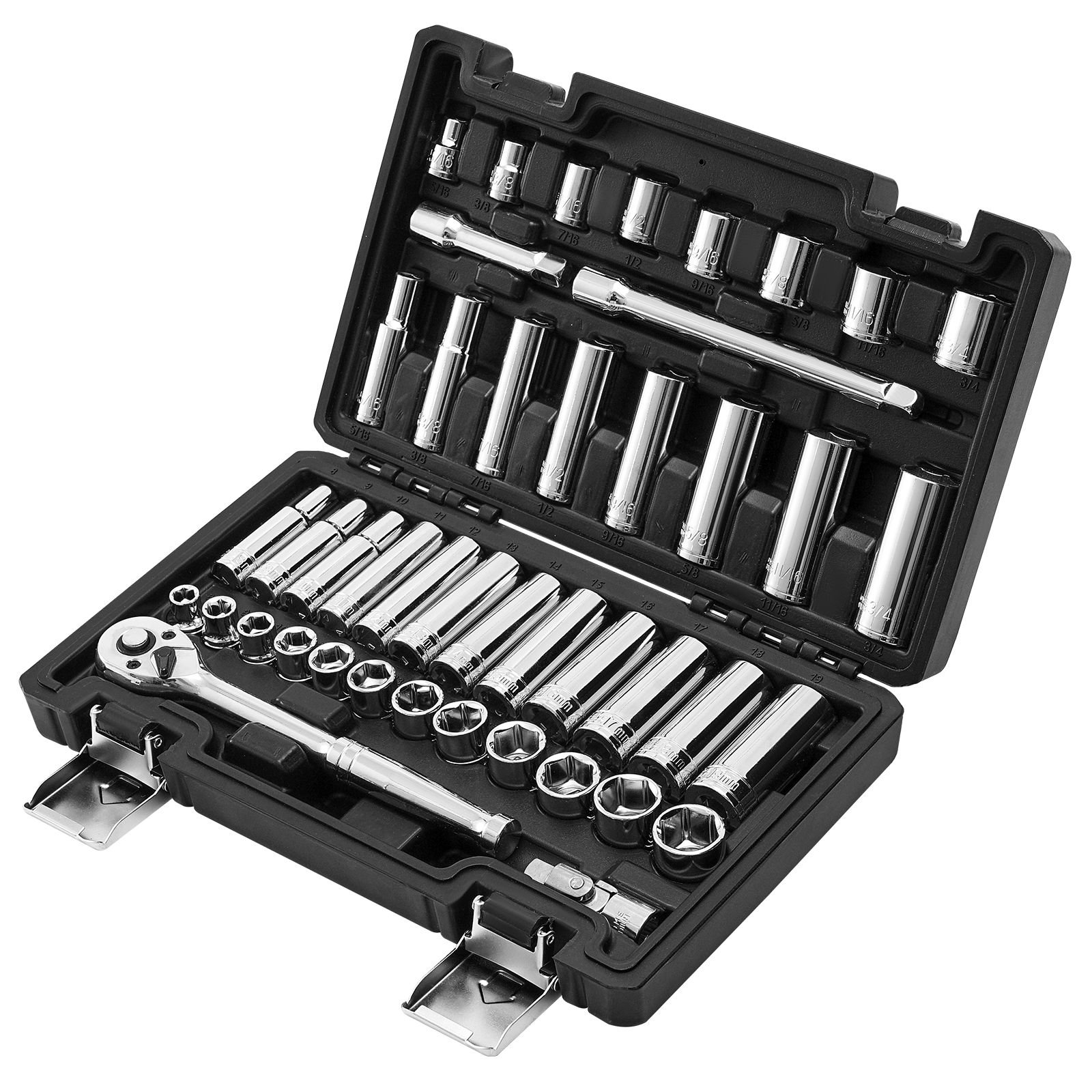 socket set, 44 pieces, 3/8 inch drive socket and ratchet set, sae and metric, deep and shallow, mechanic tool kit with accessories and storage case, cr v alloy steel, for automotive repair