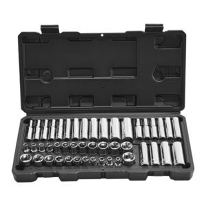 socket set, 46 pieces, 1/4 inch drive socket tool set, sae and metric size, deep and standard, mechanic tool kit with storage case, chrome plated cr v alloy steel, for automotive repair