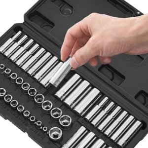socket set, 46 pieces, 1/4 inch drive socket tool set, sae and metric size, deep and standard, mechanic tool kit with storage case, chrome plated cr v alloy steel, for automotive repair