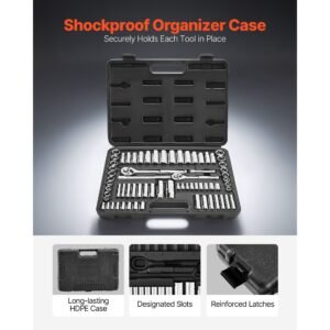 socket set, 69 pieces, 3/8 & 1/4 inch drive socket and ratchet set, sae and metric, deep and standard, mechanic tool kit with accessories and storage case, cr v alloy steel, for auto repair