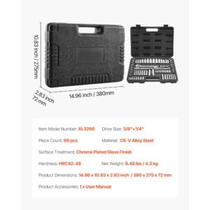 socket set, 69 pieces, 3/8 & 1/4 inch drive socket and ratchet set, sae and metric, deep and standard, mechanic tool kit with accessories and storage case, cr v alloy steel, for auto repair