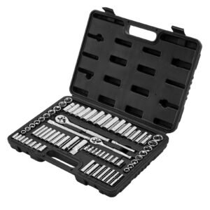 socket set, 69 pieces, 3/8 & 1/4 inch drive socket and ratchet set, sae and metric, deep and standard, mechanic tool kit with accessories and storage case, cr v alloy steel, for auto repair