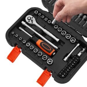 socket set, 70 pieces, 1/4 inch drive socket and ratchet set, sae and metric, deep and shallow, mechanic tool kit with bits, accessories and storage case, cr v alloy steel, for automotive repair
