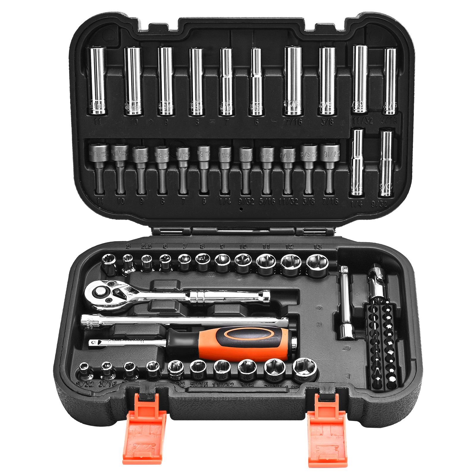socket set, 70 pieces, 1/4 inch drive socket and ratchet set, sae and metric, deep and shallow, mechanic tool kit with bits, accessories and storage case, cr v alloy steel, for automotive repair