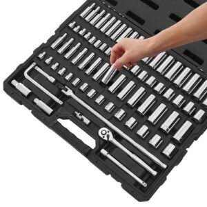 socket set, 76 pieces, 3/8 inch drive socket and ratchet set, sae and metric, deep and shallow, mechanic tool kit with accessories and storage case, cr v alloy steel, for automotive repair