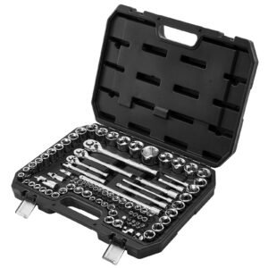 Socket Set, 86 Pieces, 3/8 & 1/4 & 1/2 inch Drive Socket and Ratchet Set, SAE and Metric, Mechanic Tool Kit with Ratchet Wrench, Accessories and Storage Case, CR-V Alloy Steel, for Auto Repair
