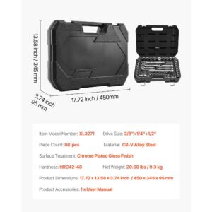 socket set, 86 pieces, 3/8 & 1/4 & 1/2 inch drive socket and ratchet set, sae and metric, mechanic tool kit with ratchet wrench, accessories and storage case, cr v alloy steel, for auto repair