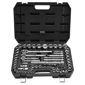 socket set, 86 pieces, 3/8 & 1/4 & 1/2 inch drive socket and ratchet set, sae and metric, mechanic tool kit with ratchet wrench, accessories and storage case, cr v alloy steel, for auto repair