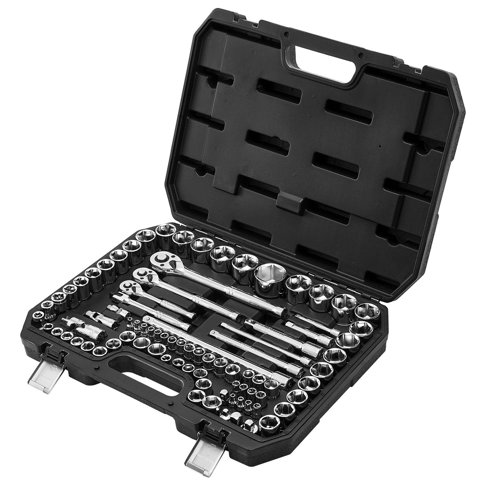 socket set, 86 pieces, 3/8 & 1/4 & 1/2 inch drive socket and ratchet set, sae and metric, mechanic tool kit with ratchet wrench, accessories and storage case, cr v alloy steel, for auto repair