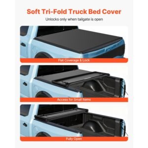 soft tri fold truck bed tonneau cover, compatible with 2016 2023 toyota tacoma (excl. trail edition) 5 ft (60.5 in) bed with track rail system, fleetside, waterproof folding truck tonneau cover
