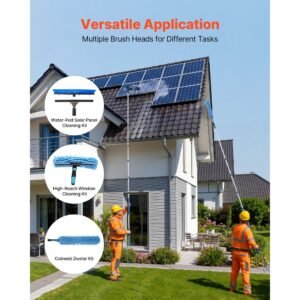 solar panel cleaning kit, 15 ft, water fed pole kit with cleaning brush, squeegee, soap dispenser, extendable aluminum telescopic pole, 180° rotatable brush head, for roof mounted solar panels