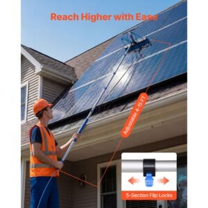 solar panel cleaning kit, 15 ft, water fed pole kit with cleaning brush, squeegee, soap dispenser, extendable aluminum telescopic pole, 180° rotatable brush head, for roof mounted solar panels