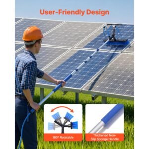 solar panel cleaning kit, 15 ft, water fed pole kit with cleaning brush, squeegee, soap dispenser, extendable aluminum telescopic pole, 180° rotatable brush head, for roof mounted solar panels
