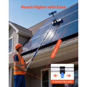 solar panel cleaning kit, 33 ft, water fed pole kit with cleaning brush, soap dispenser, extendable aluminum telescopic pole, 180° rotatable brush head, for roof mounted solar panels, windows