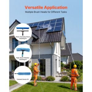 solar panel cleaning kit, 33 ft, water fed pole kit with cleaning brush, squeegee, soap dispenser, extendable aluminum telescopic pole, 180° rotatable brush head, for roof mounted solar panels