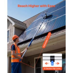 solar panel cleaning kit, 33 ft, water fed pole kit with cleaning brush, squeegee, soap dispenser, extendable aluminum telescopic pole, 180° rotatable brush head, for roof mounted solar panels