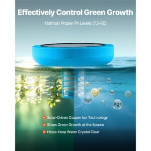 solar pool ionizer, round copper pool ionizer up to 35000 gal, floating automatic water cleaner and purifier, chlorine free water, with copper anode, spring, brush and filter for pools & spas