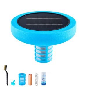 Solar Pool Ionizer, Round Copper Pool Ionizer Up to 35000 Gal, Floating Automatic Water Cleaner and Purifier, Chlorine Free Water, with Copper Anode, Spring, Brush and Filter for Pools & Spas