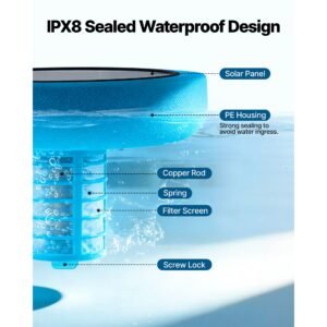 solar pool ionizer, round copper pool ionizer up to 35000 gal, floating automatic water cleaner and purifier, chlorine free water, with copper anode, spring, brush and filter for pools & spas
