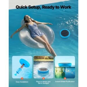 solar pool ionizer, round copper pool ionizer up to 35000 gal, floating automatic water cleaner and purifier, chlorine free water, with copper anode, spring, brush and filter for pools & spas