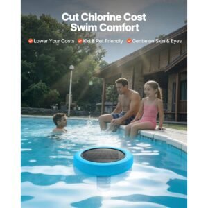 solar pool ionizer, round copper pool ionizer up to 45000 gal, floating automatic water cleaner and purifier, chlorine free water, with copper anode, spring, brush and filter for pools & spas