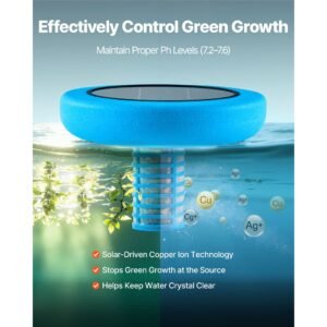 solar pool ionizer, round copper pool ionizer up to 45000 gal, floating automatic water cleaner and purifier, chlorine free water, with copper anode, spring, brush and filter for pools & spas
