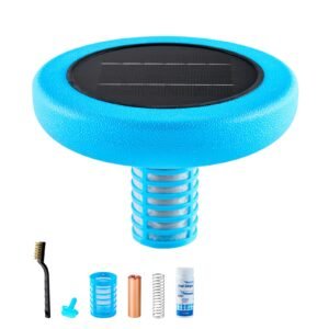Solar Pool Ionizer, Round Copper Pool Ionizer Up to 45000 Gal, Floating Automatic Water Cleaner and Purifier, Chlorine Free Water, with Copper Anode, Spring, Brush and Filter for Pools & Spas