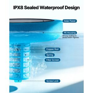solar pool ionizer, round copper pool ionizer up to 45000 gal, floating automatic water cleaner and purifier, chlorine free water, with copper anode, spring, brush and filter for pools & spas