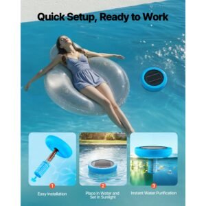 solar pool ionizer, round copper pool ionizer up to 45000 gal, floating automatic water cleaner and purifier, chlorine free water, with copper anode, spring, brush and filter for pools & spas