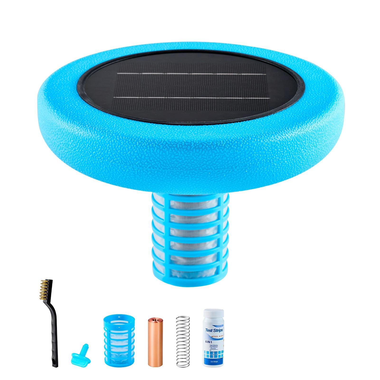 solar pool ionizer, round copper pool ionizer up to 45000 gal, floating automatic water cleaner and purifier, chlorine free water, with copper anode, spring, brush and filter for pools & spas